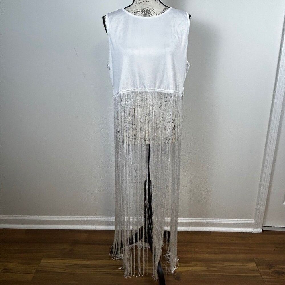 Shein Curve Womens 2XL White Sleeveless Crop Top Long Metallic Fringe Hem Gown